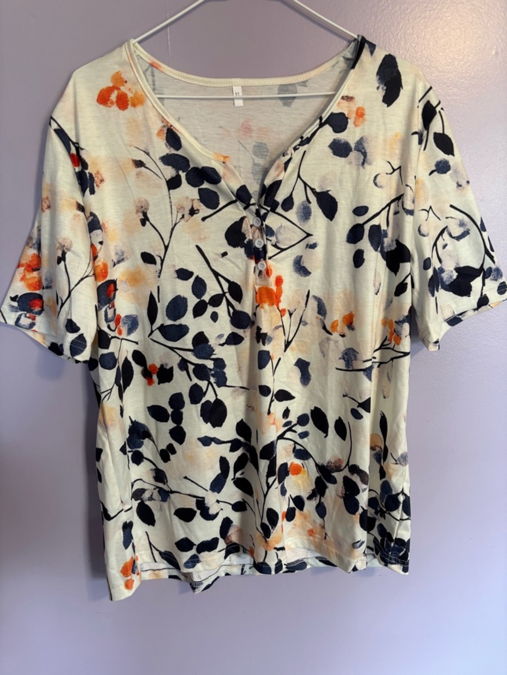 Women’s Floral Short-Sleeve Henley Top - Cream with Navy & Orange